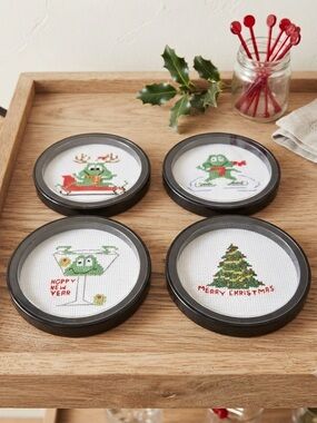 Vintage Frog Cross Stitch Christmas New Year Coasters Set of 4